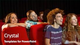  Presentation with cinema theatre - Cool new PPT theme with theatre screen - young friends watching a film backdrop and a  colored foreground