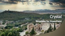  Presentation with ancient greek theatre - PPT theme consisting of theatre viewed from above greece background and a dark gray colored foreground