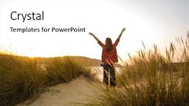  Presentation with sunset beach - Presentation theme having theet - beautiful woman with armds raised background and a white colored foreground