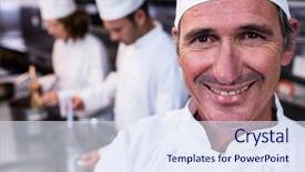  Presentation with cooking chef - Cool new PPT theme with theet - portrait of smiling chef backdrop and a sky blue colored foreground