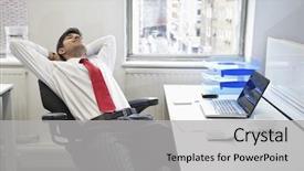  Presentation with office chair - Presentation enhanced with theet - young indian businessman relaxing background and a light gray colored foreground