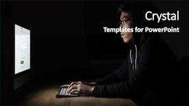  Presentation with computer hacker - Colorful PPT layouts enhanced with theft damage - concentrated young hacker using computer backdrop and a black colored foreground