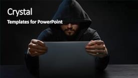  Presentation with hacker - Slide deck enhanced with countermeasure - hacker using laptop on dark background and a black colored foreground