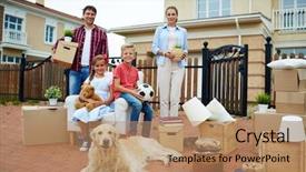 Presentation with family children - Cool new theme with home buying selling - portrait of happy family backdrop and a coral colored foreground