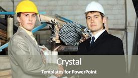 Presentation with manufacturing - PPT theme with industrial theme two businessman shaking their hands at a manufacturing area background and a gray colored foreground