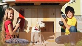  Presentation with dog shelter - Amazing slide set having kids preparing a shelter backdrop and a coral colored foreground
