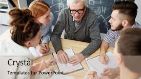  Presentation with teacher and students - Presentation design with their teacher sitting in circle background and a coral colored foreground