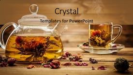  Presentation with glass teapot - Presentation design enhanced with theme pot - teapot and glass cup background and a gold colored foreground