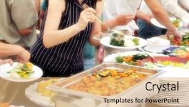  Presentation with catering - Slide deck with businessman conversing with female colleague while walking up stairs in train station background and a gray colored foreground