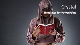  Presentation with wooden christian cross religious concept - Slides with theologo book - monk in religious concept background and a dark gray colored foreground
