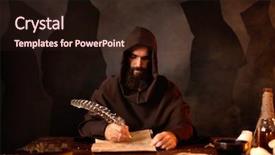  Presentation with theology - PPT theme enhanced with theology - medieval monk makes notes background and a wine colored foreground