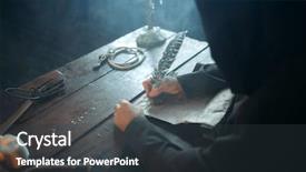  Presentation with theology - Slides consisting of theology - medieval monk sitting at table background and a dark gray colored foreground