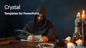  Presentation with theology - Slides featuring theology - medieval monk sitting at table background and a wine colored foreground