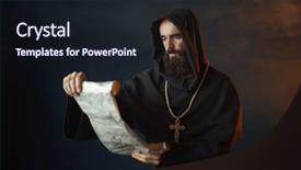  Presentation with theology - Beautiful presentation theme featuring theology - medieval monk with an evil backdrop and a wine colored foreground