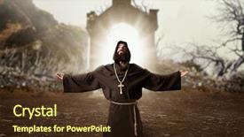  Presentation with kneeling - Presentation theme having theology - monk in black robe background and a tawny brown colored foreground