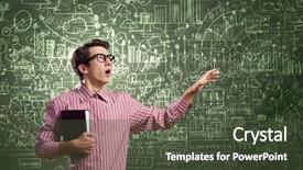  Presentation with elegant man in glasses optics - Cool new presentation with theories development - young funny man in glasses backdrop and a tawny brown colored foreground