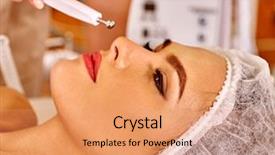  Presentation with electric devices - Presentation theme having therapeutic devices - close up of young woman background and a  colored foreground