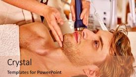  Presentation with beauty salon - Cool new presentation design with therapeutic devices - relaxed young man luxuriating backdrop and a  colored foreground