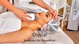  Presentation with electric devices - Colorful PPT theme enhanced with therapeutic devices - woman in hat receiving electric backdrop and a  colored foreground