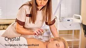  Presentation with therapeutic - Slide set consisting of therapeutic devices - woman receiving electroporation back therapy background and a  colored foreground