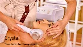  Presentation with electric devices - PPT layouts having therapeutic devices - young blonde woman receiving electric background and a gold colored foreground