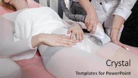  Presentation with therapeutic - Theme featuring therapeutic devices - young doctor applying lipo massage background and a light gray colored foreground