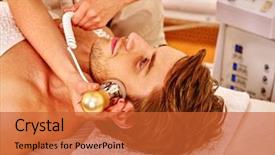  Presentation with facial pain medical man - Presentation with therapeutic devices - young man luxuriating on electroporation background and a  colored foreground