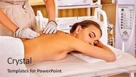  Presentation with beauty salon - Audience pleasing presentation consisting of therapeutic devices - young white relaxed woman receiving backdrop and a  colored foreground