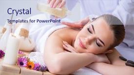  Presentation with spa - Audience pleasing theme consisting of parlor - woman during massage session backdrop and a sky blue colored foreground