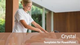  Presentation with massage therapist - Slide set having therapist - smiling brunette getting a shoulder background and a coral colored foreground