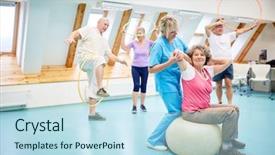 Presentation with senior fitness - Amazing presentation theme having therapist in rehabilitation course doing backdrop and a sky blue colored foreground