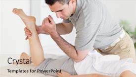  Presentation with chiropractor - Cool new presentation design with exercise therapy - chiropractor stretches a woman's leg backdrop and a soft green colored foreground
