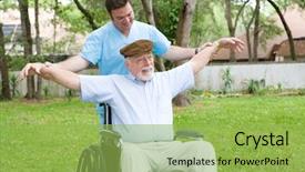  Presentation with stretching - Cool new presentation with therapy nurse - disabled senior man does stretching backdrop and a yellow colored foreground