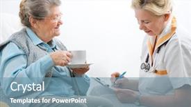  Presentation with caregiver - Audience pleasing slides consisting of therapy nurse - senior woman is visited backdrop and a  colored foreground