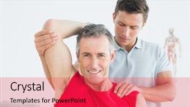  Presentation with stretching - Cool new PPT theme with therapy physical - male physiotherapist stretching a smiling backdrop and a red colored foreground