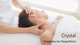  Presentation with massage therapy - Presentation design consisting of therapy physical - pretty young woman receiving neck background and a coral colored foreground