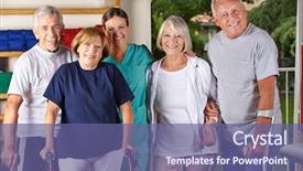  Presentation with gym - Presentation theme consisting of therapy rehab - group of happy senior people background and a ocean colored foreground