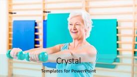  Presentation with senior fitness - Colorful presentation enhanced with therapy rehab - senior woman doing fitness sport backdrop and a cyan colored foreground