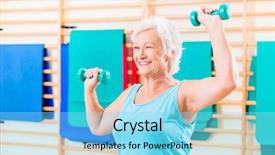  Presentation with senior fitness - Presentation theme enhanced with therapy rehab - senior woman doing fitness sport background and a arctic colored foreground