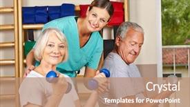  Presentation with senior fitness - Amazing PPT layouts having therapy rehab - two senior people in gym backdrop and a coral colored foreground