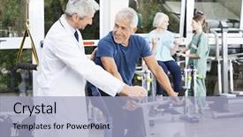  Presentation with triathlon professional cyclist man cycling - Theme enhanced with therapy rehabilatation - senior man looking at doctor background and a  colored foreground