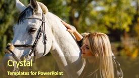  Presentation with horse therapy - Colorful theme enhanced with therapy riding - woman with horse in park backdrop and a tawny brown colored foreground