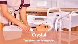  Presentation with anti aging - Slide deck consisting of therapy typing - woman receiving electric facial ultrusound background and a coral colored foreground