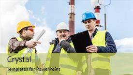  Presentation with power industry - PPT theme featuring thermal engineering - construction engineers examining thermoelectric power background and a yellow colored foreground
