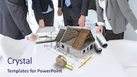  Presentation with meeting table - Slide deck featuring thermal engineering - meeting with people background and a sky blue colored foreground