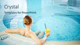  Presentation with swimming pool - Amazing PPT theme having thermal water - young woman sitting in swimming backdrop and a sky blue colored foreground