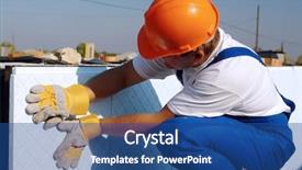  Presentation with house foundation - Slides consisting of construction worker thermally insulating house background and a ocean colored foreground