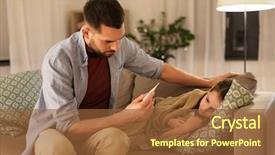  Presentation with family health - Slides with thermometer measuring ill daughter temperature background and a tawny brown colored foreground