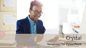  Presentation with thesis - Audience pleasing presentation design consisting of thesis - happy african-american guy in eyeglasses backdrop and a soft green colored foreground