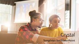  Presentation with laptop - Slide deck having thesis - modern guy pointing at laptop background and a coral colored foreground